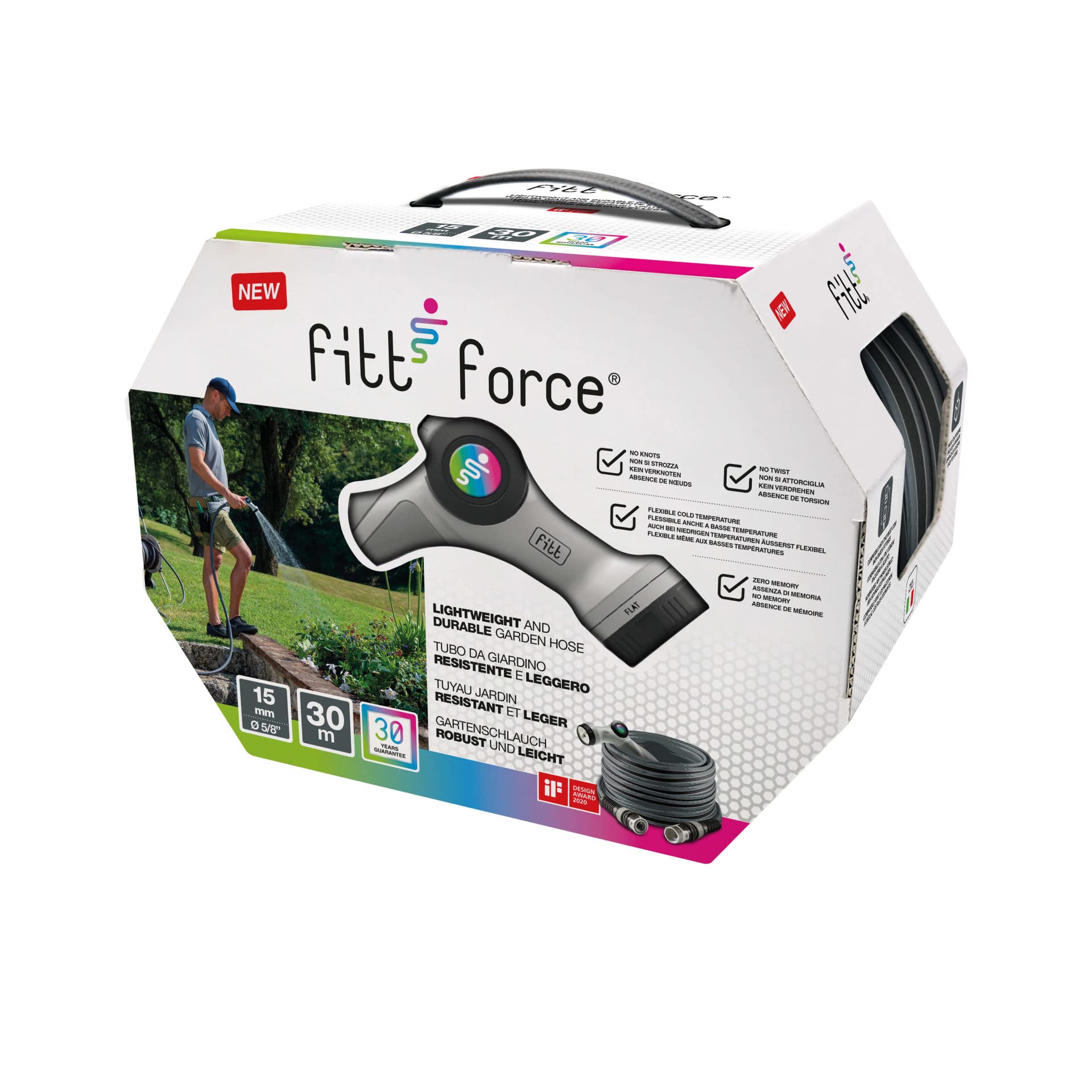 FITT FORCE 5/8" 30 m, Tuyau d’Arrosage pour Jardin, Compact, Léger et Résistant, pour Usage Intensif, avec Pistolet Multijet