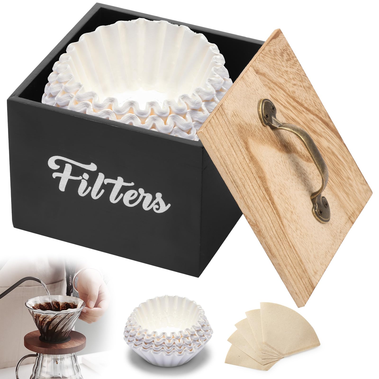 Anihet Black Wood Coffee Filter Holder With Lid, Basket Coffee Filter Storage Container, Multipurpose Farmhouse Basket Café Storage Organizer For Counter Bar Decor(Black)
