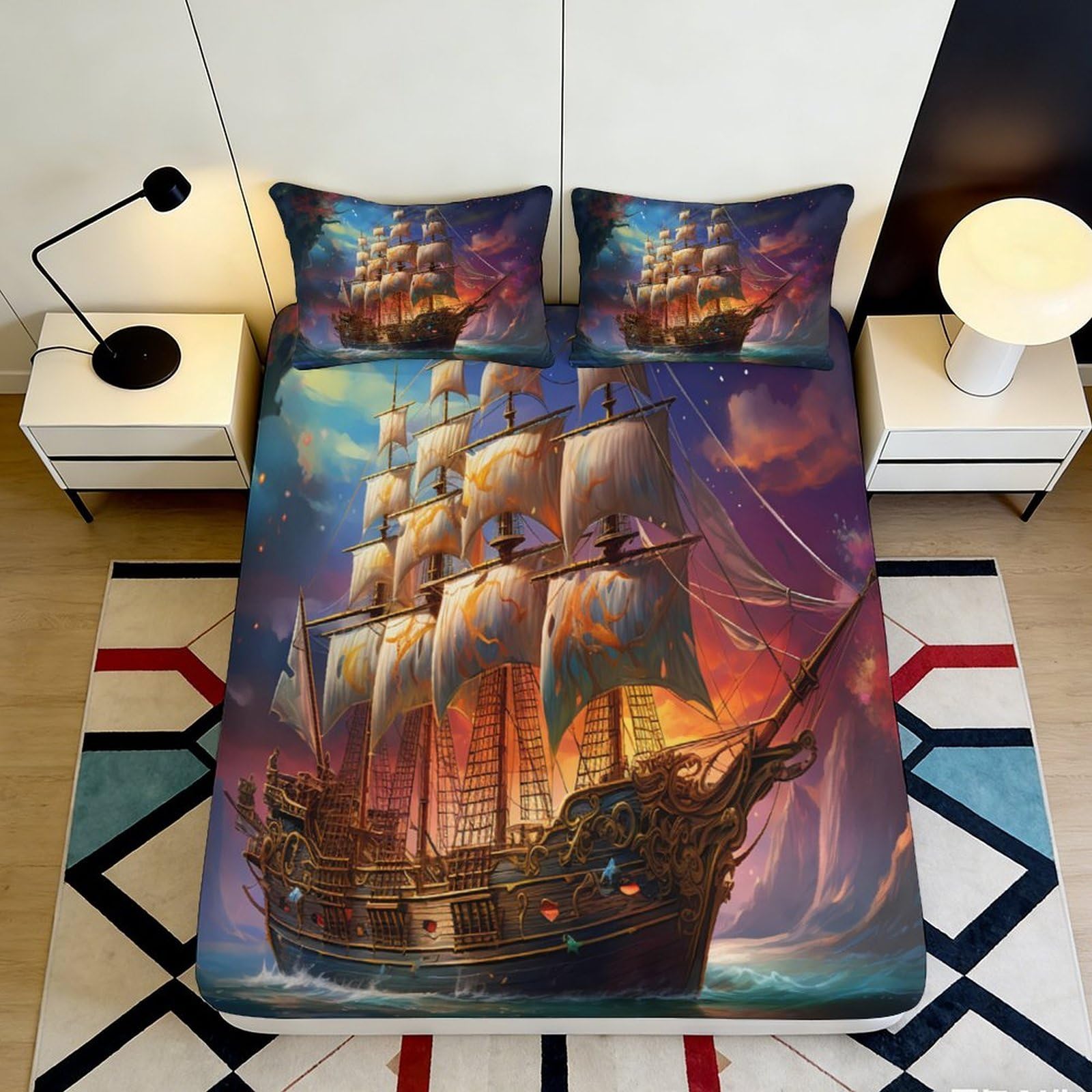 3D Printed Sunset Sailing Ship Fitted Sheet Microfiber Soft Breathable Ocean Adventure Mattress Cover for Bedroom Decor 180x200x25cm