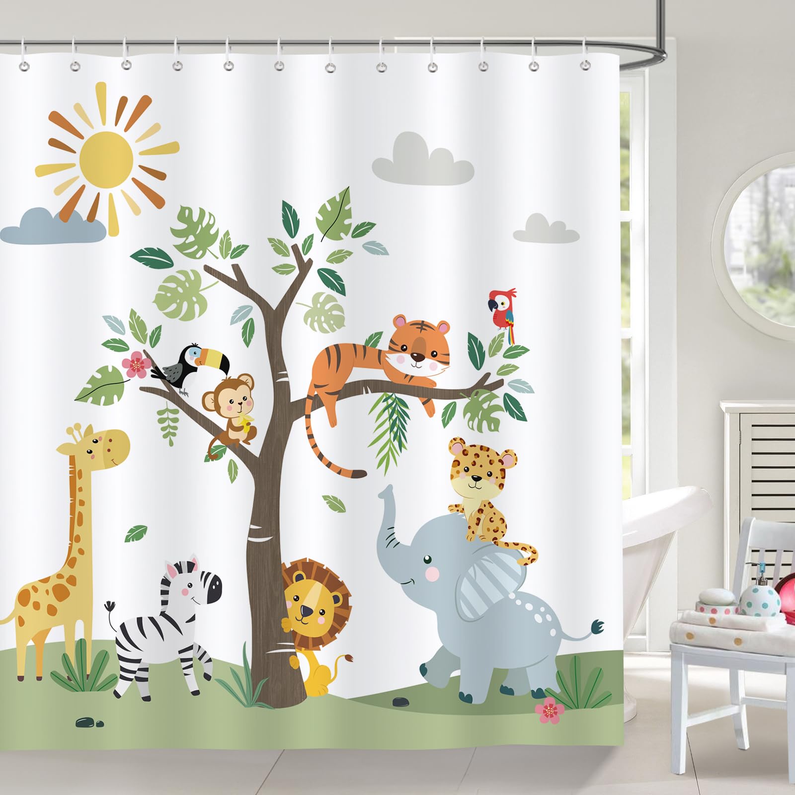 Bonhause Cortina de Ducha Animales Dibujos Animados para Niños León Elefante Jirafa Cortina de Baño de Poliéster Impermeable Antimoho Lavable Cortina Ducha 180 x 180 cm con 12 Ganchos
