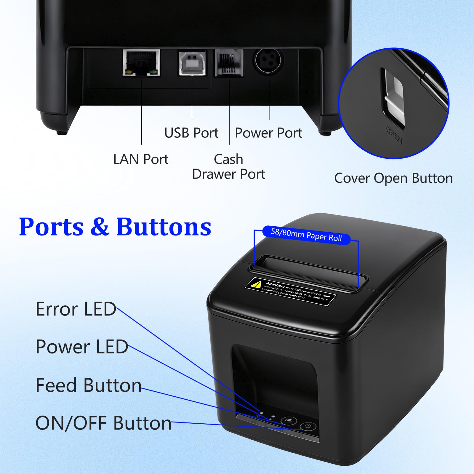 Stampante per ricevute termiche 80 mm, taglio automatico, USB + LAN | Stampa ad alta velocità da 230 mm/s, ESC / POS Supporto Windows / Android / Mac / Linux, negozi al dettaglio e ristoranti