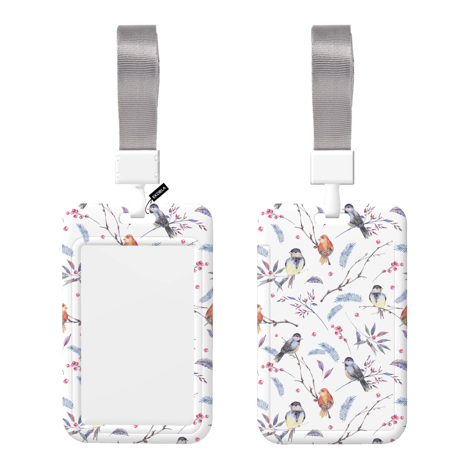 EKOBLA Lovely Robin Bird ABS ID Badge Holder with Lanyard Watercolor Branches Leaves Berries ID Card Name Protector Cover with Strap for Office, School, Driver Licence