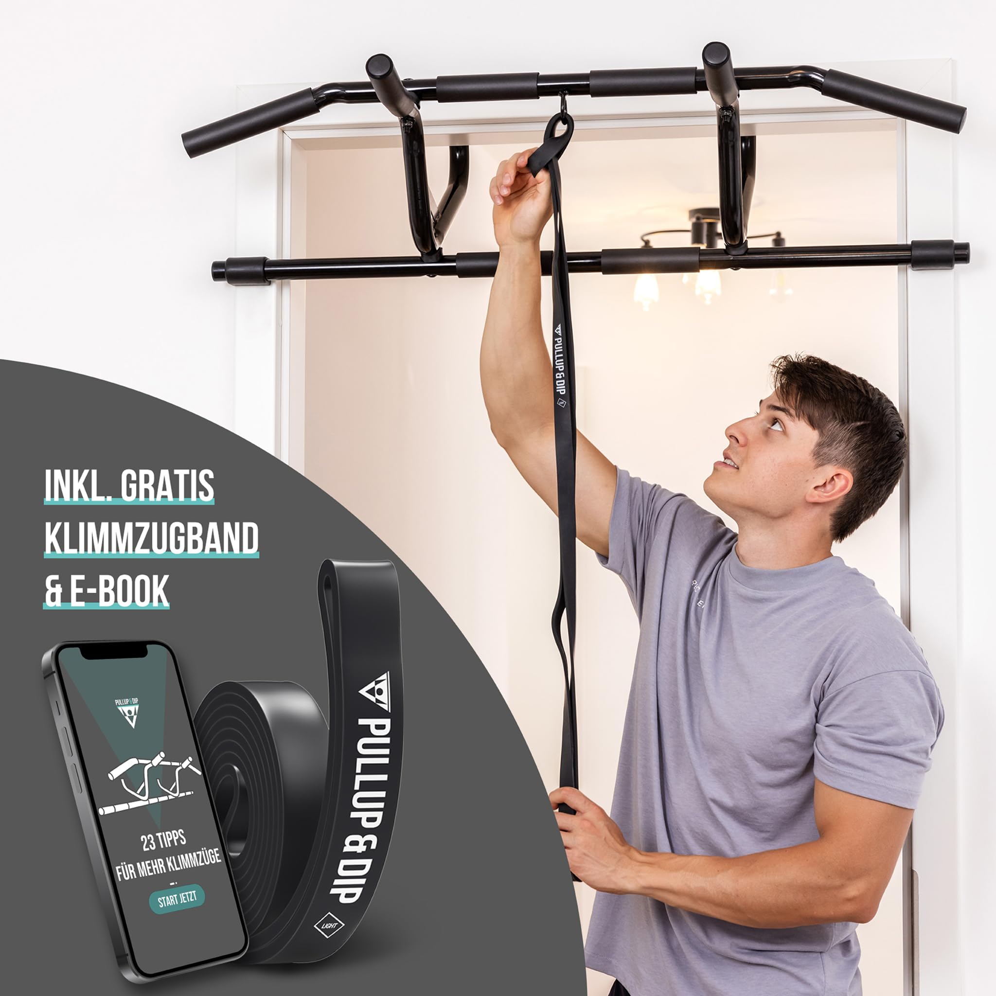 PULLUP & DIP Klimmzugstange für Türrahmen zum Einhängen ohne Schrauben und kein Abrutschen, Profi Türreck, Pull-up Bar mit gepolsterten Griffen