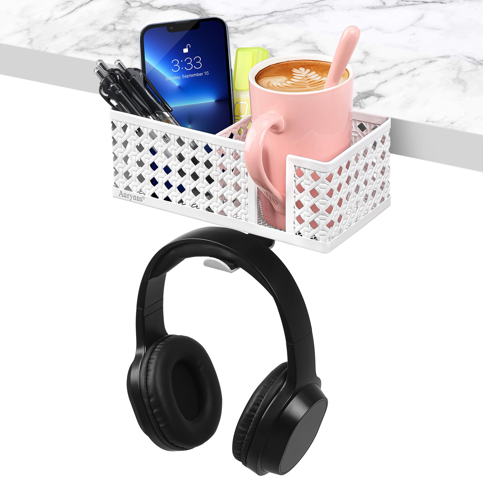 Porte-stylos et porte-gobelet de bureau 4-en-1 compact avec crochet casque