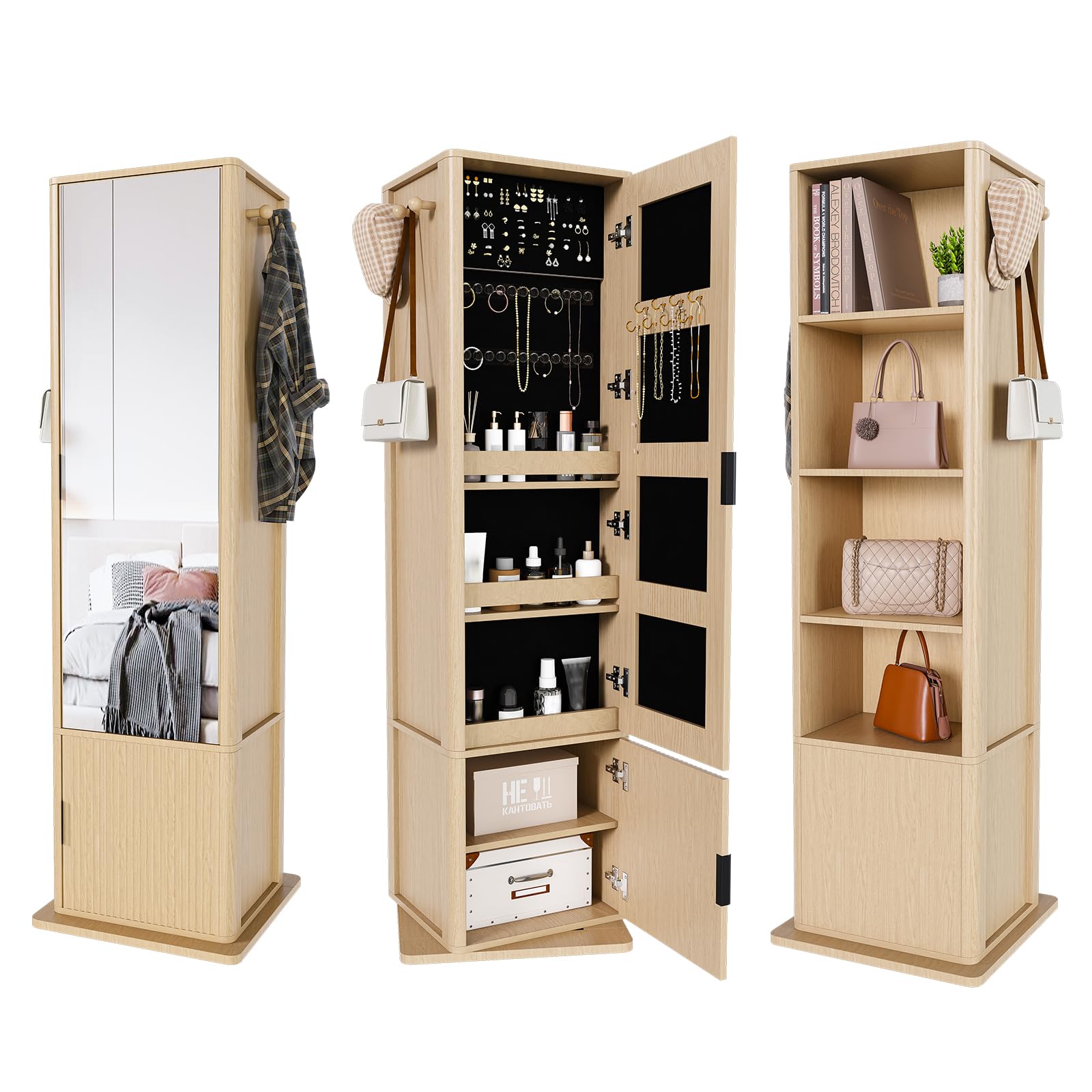 360° Swivel Jewelry Cabinet, Fluted Jewelry Armoire with Full Length Mirror, Coat Rack and 4-Tier Shelf, Standing Jewelry Organizers with 2 Drawers(Oak)