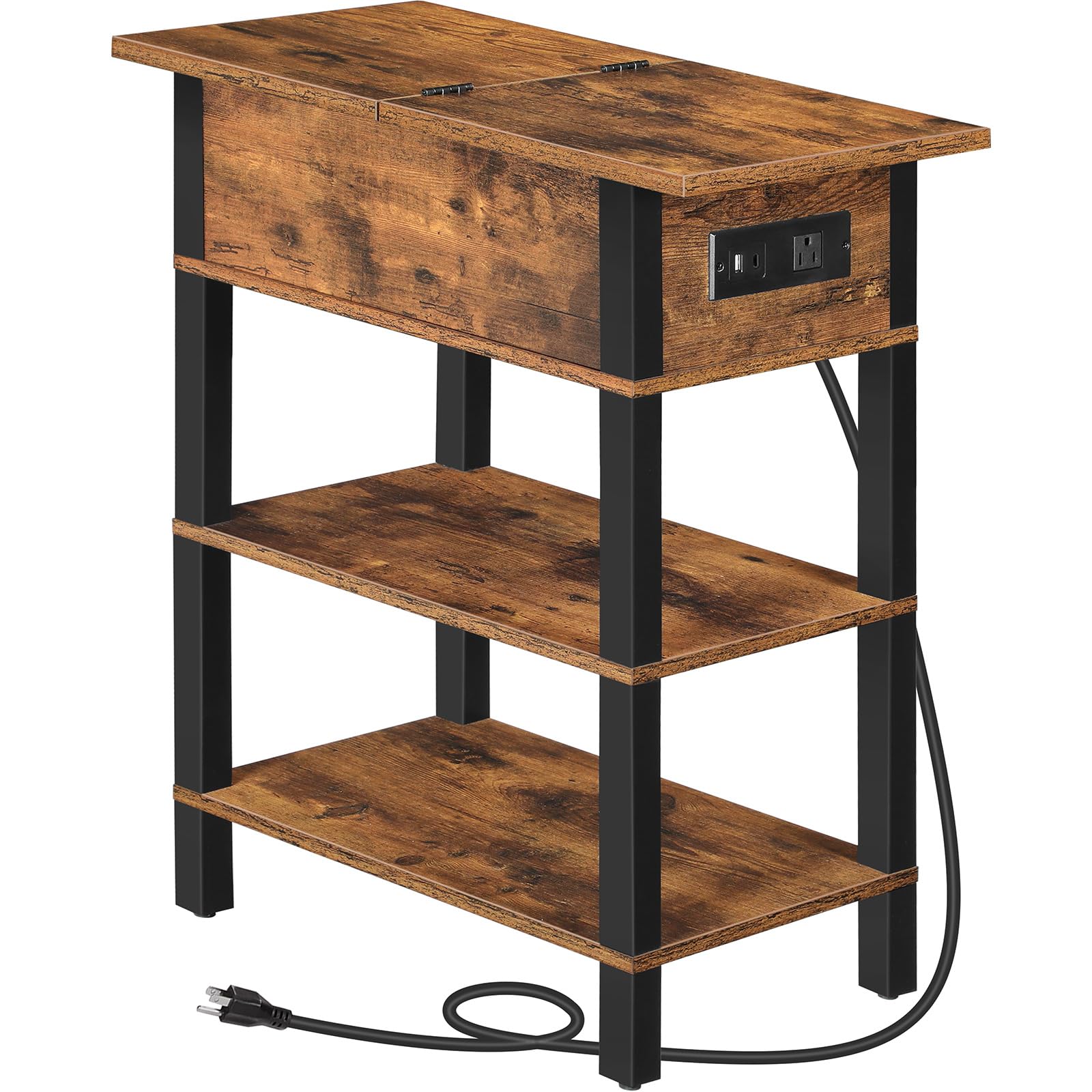 HOOBRO End Table with Charging Station, Flip Top Side Table with USB Ports, Narrow Nightstand Bedside Tables with Storage Shelves, for Small Space, Living Room, Rustic Brown and Black BF141UBZ01