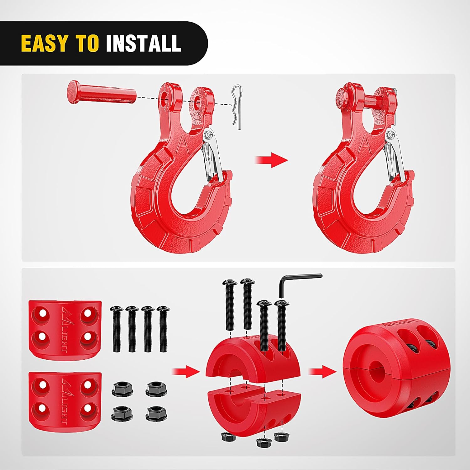 Nilight Forged Steel Winch Hook 3/8" Grade 70 Safety Latch Winch Cable Hook Stopper & Clevis Slip Hook Sets, Included Allen Wrench,Max 35,000 lbs, Red - Image 5