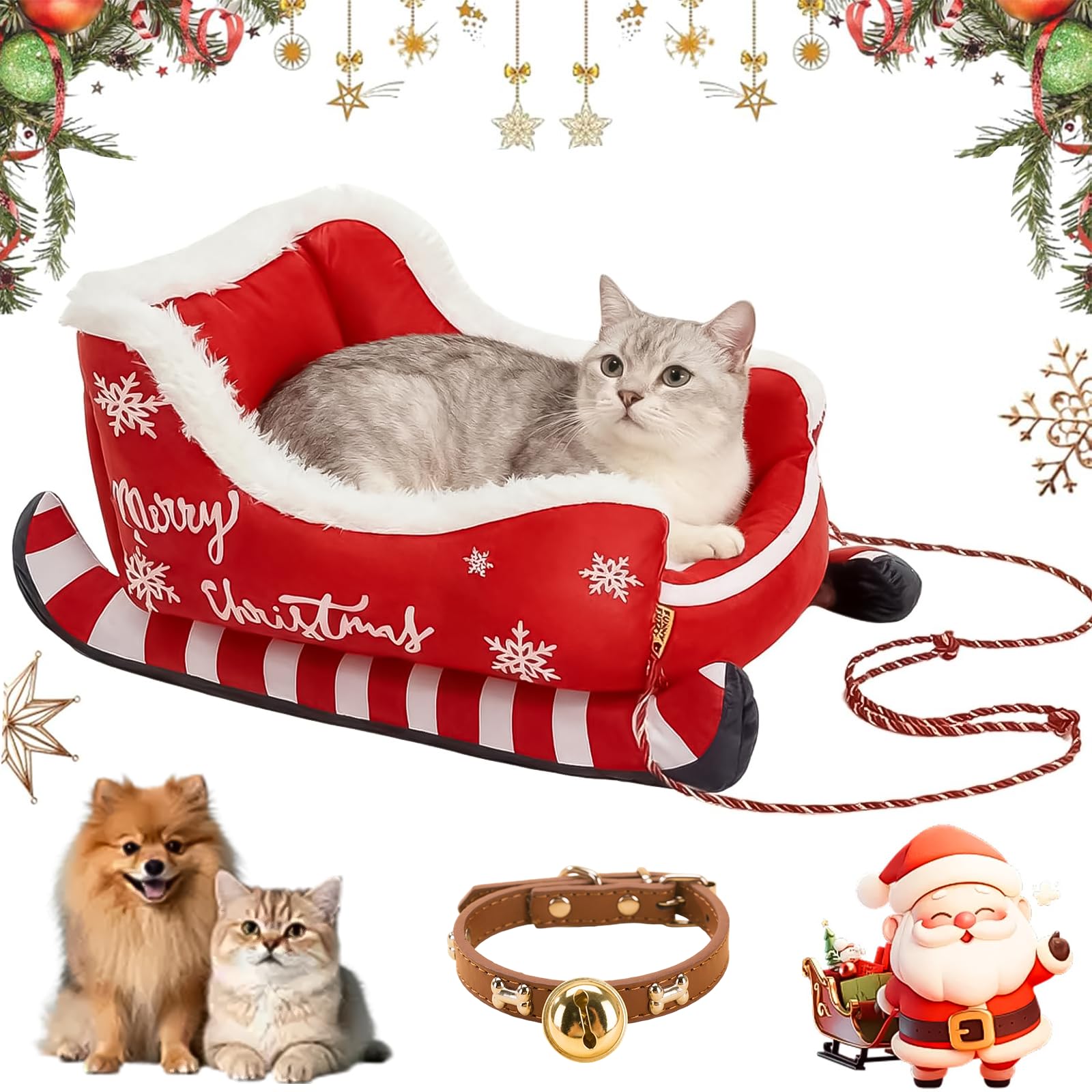 NNBWLMAEE Festive Plush Cosy Dog Bed - Christmas Sleigh, Funny Santa Sleigh Pet Warm Bed, Dog Sleighs Beds, Festive Cozy Insulated Nest, with Non-Slip Base, for Small, Medium Large Pet (B,S)