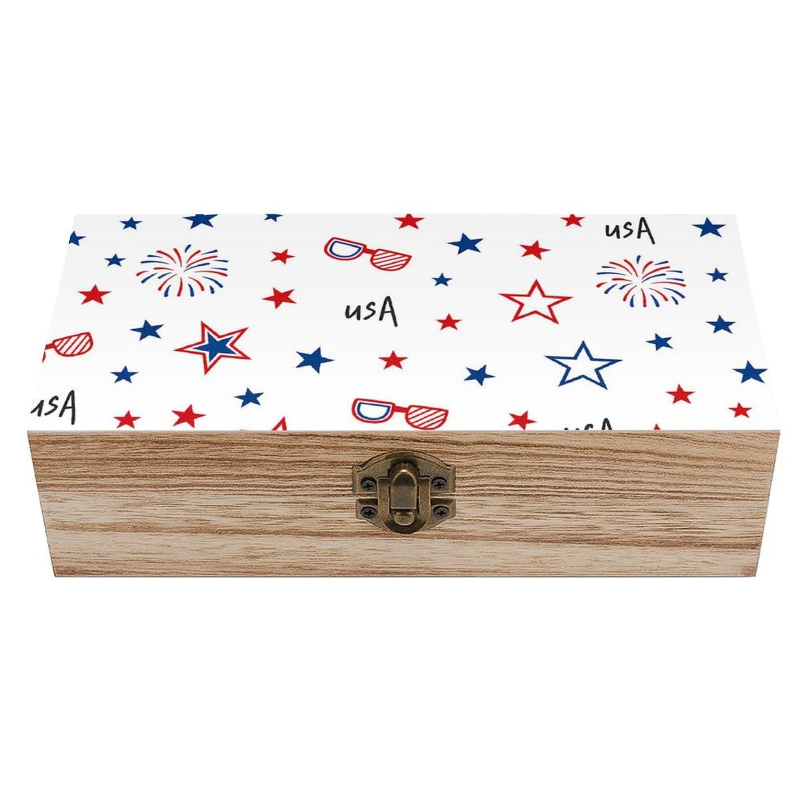 HLBSDM Patriotic Star & Fireworks Retro Wooden Storage Box Jewelry Art Gift Boxs Decorative Keepsake Boxes