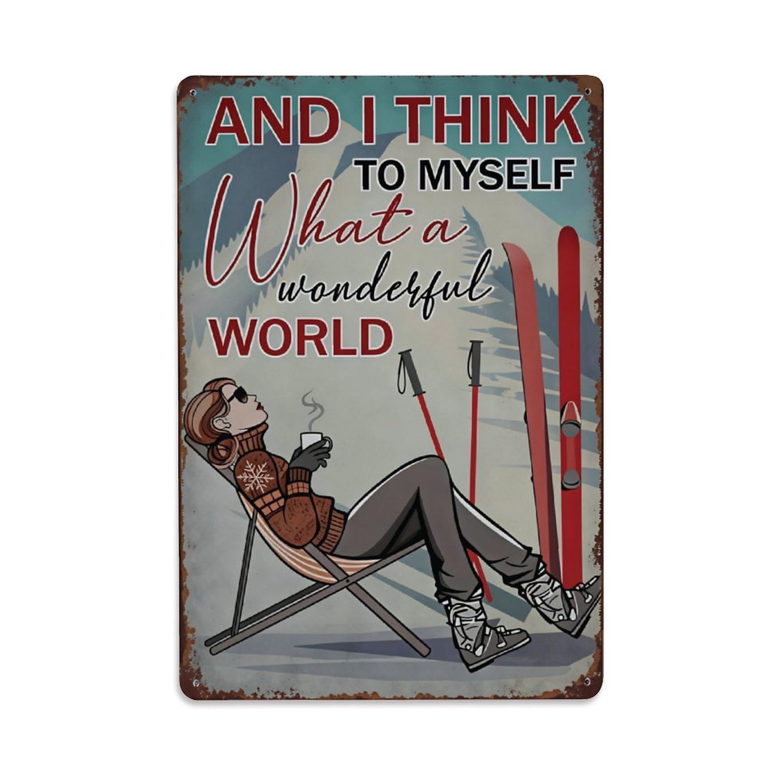 What A Wonderful World Ski Lady Vintage Metal Sign Vintage Aluminium Metal Sign, Retro Wall Decor for Home, Bar, Garage & Farmhouse 30x20cm