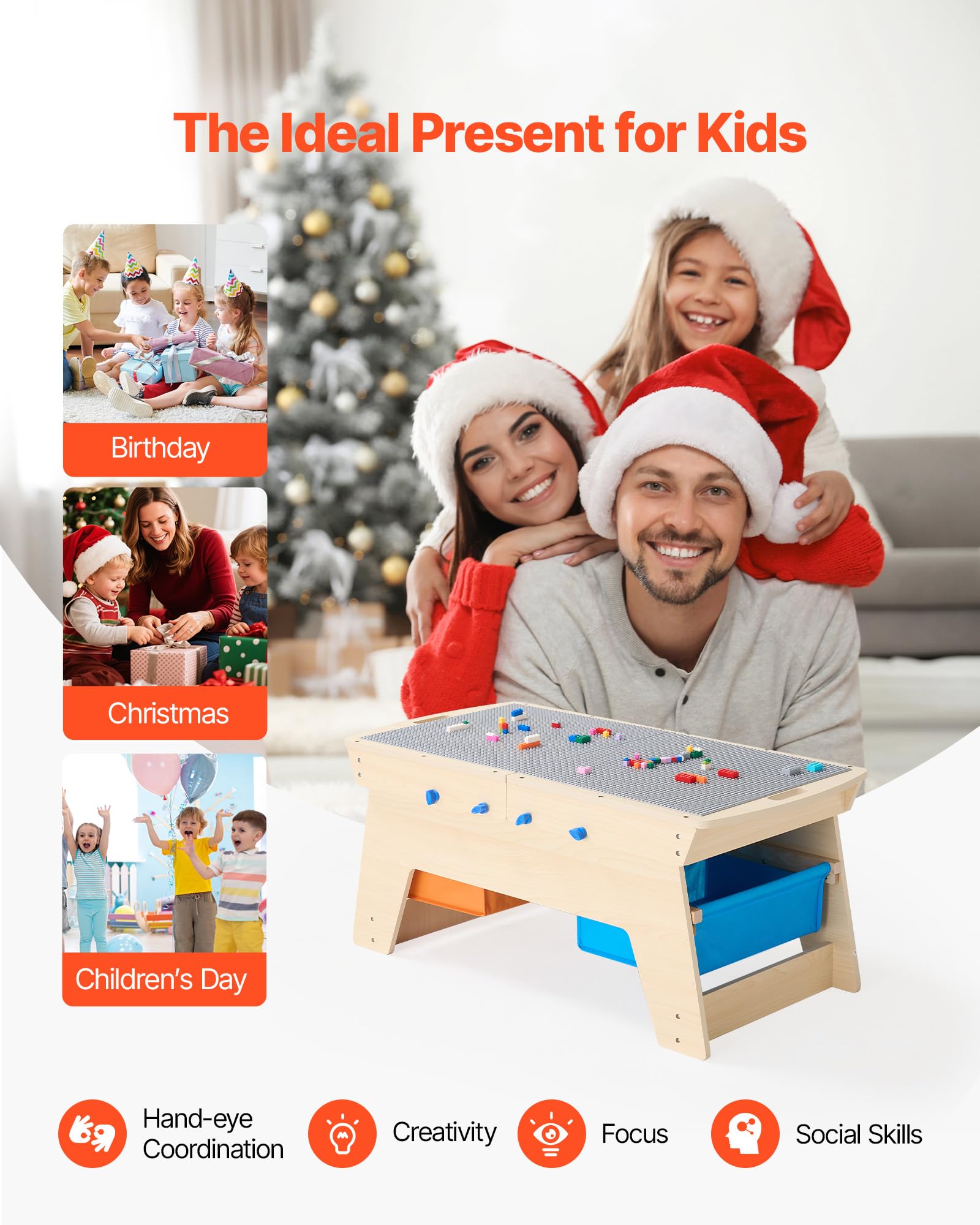 VEVOR Kindertisch 905 x 497 x 393 mm, Aktivitätstisch aus Holz, Mehrzweck-Spieltisch mit 200 Bausteinen und 3 Aufbewahrungsbehältern, Bausteintisch, Geschenk für Kinder ab 3 Jahren, Holzfarbe