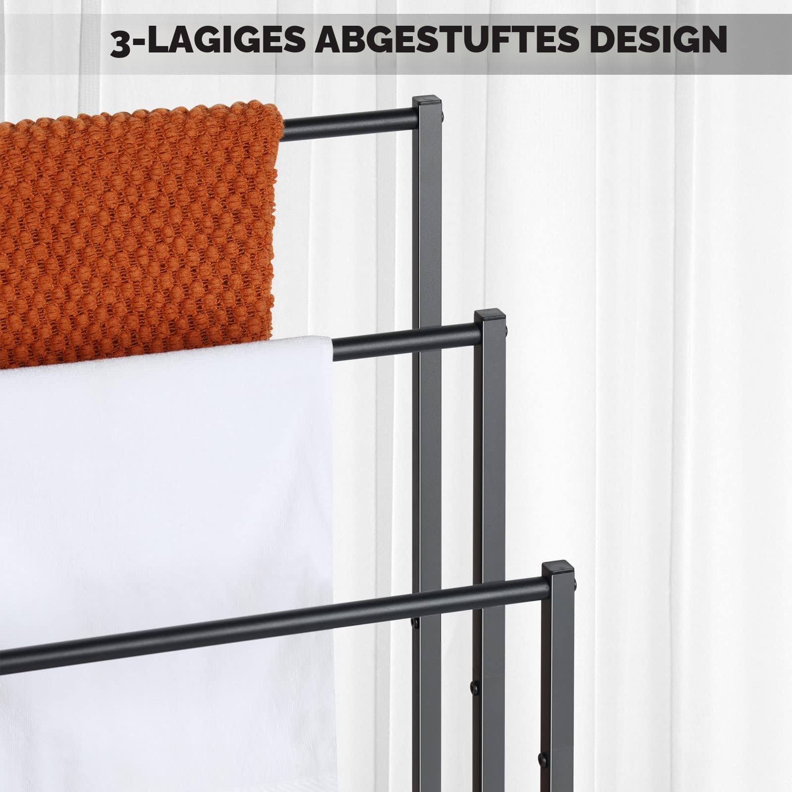 Freistehender Handtuchständer, Badetuchhalter mit 3 stangen, Rustikalem Braunem Holzregal, Industrieller Handtuchhalter, für Wohnzimmer, Badezimmer, Badetücher, Kleidung, Decken (43cm*29cm*82cm)