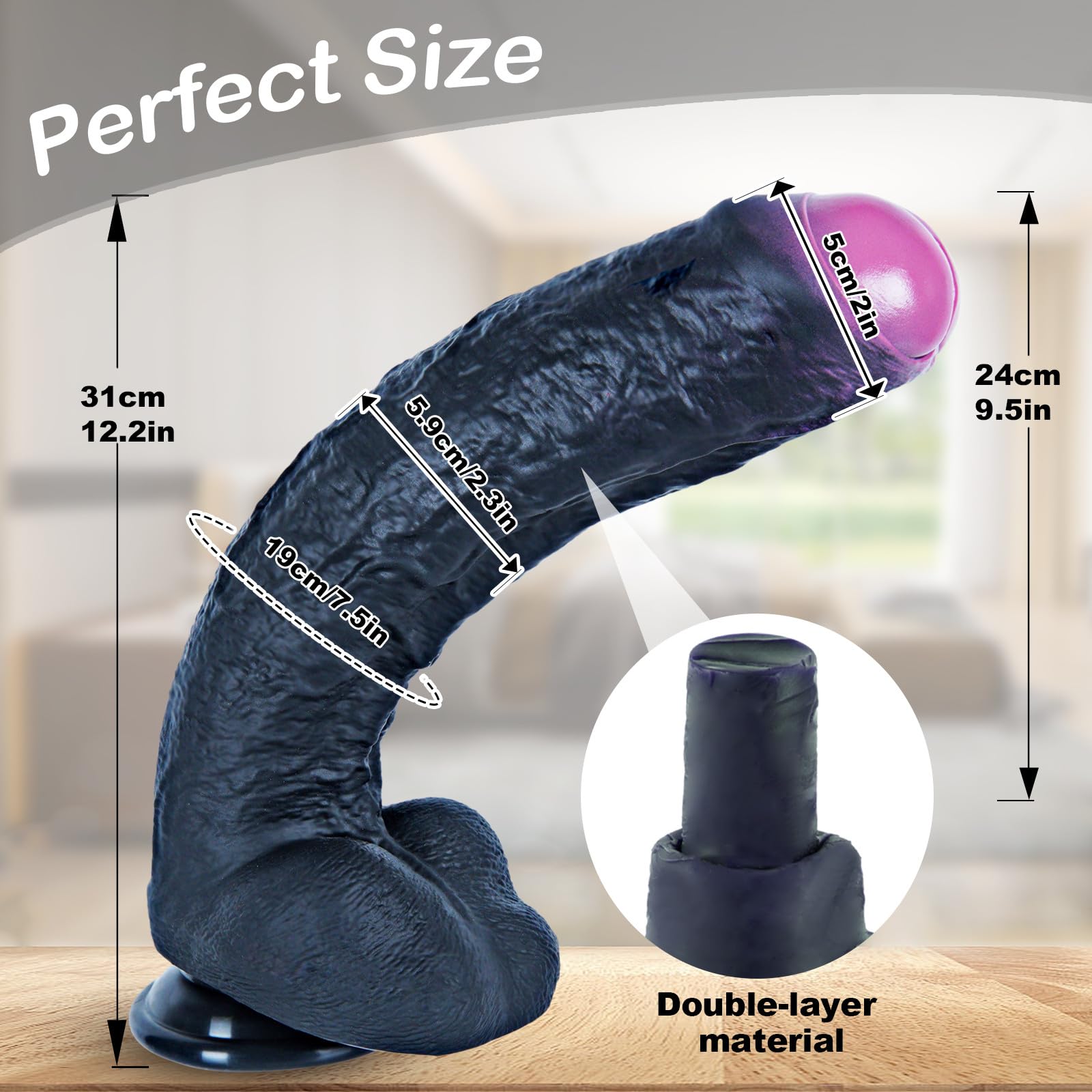 Dildo in silicone effetto pelle con doppia tenuta, diametro 5,9 cm, ventosa, lungo 30 cm, realistico, curvo, nero, non circonciso, extra spesso, gigante, morbido, punto G e plug anale