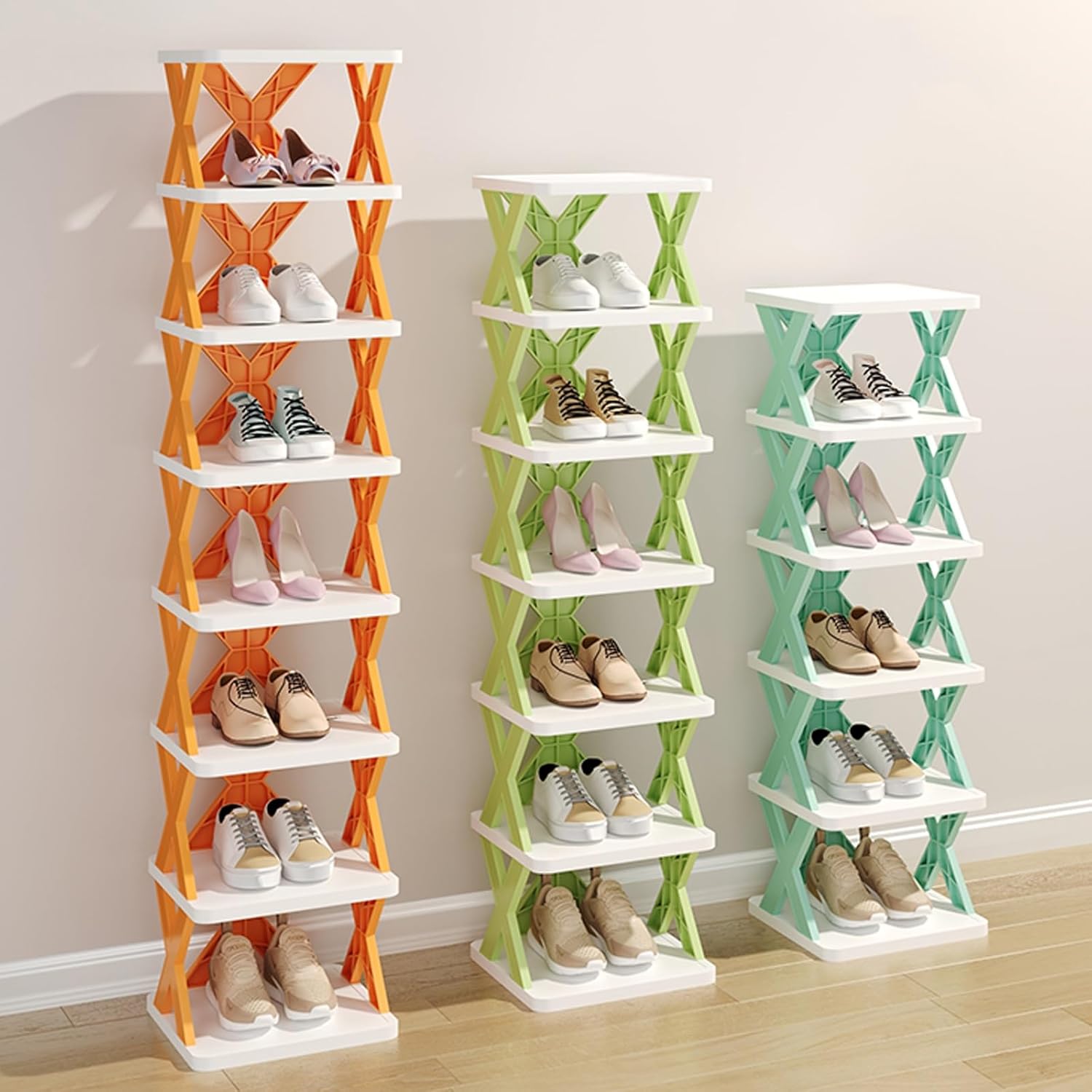 Multi-Layer Free Standing Shoe Rack - Narrow Stackable Plastic Organizer for Small Spaces, X-Shape Fixed Frame, Easy Clean 3-Tier Tower Shelf (Blue)