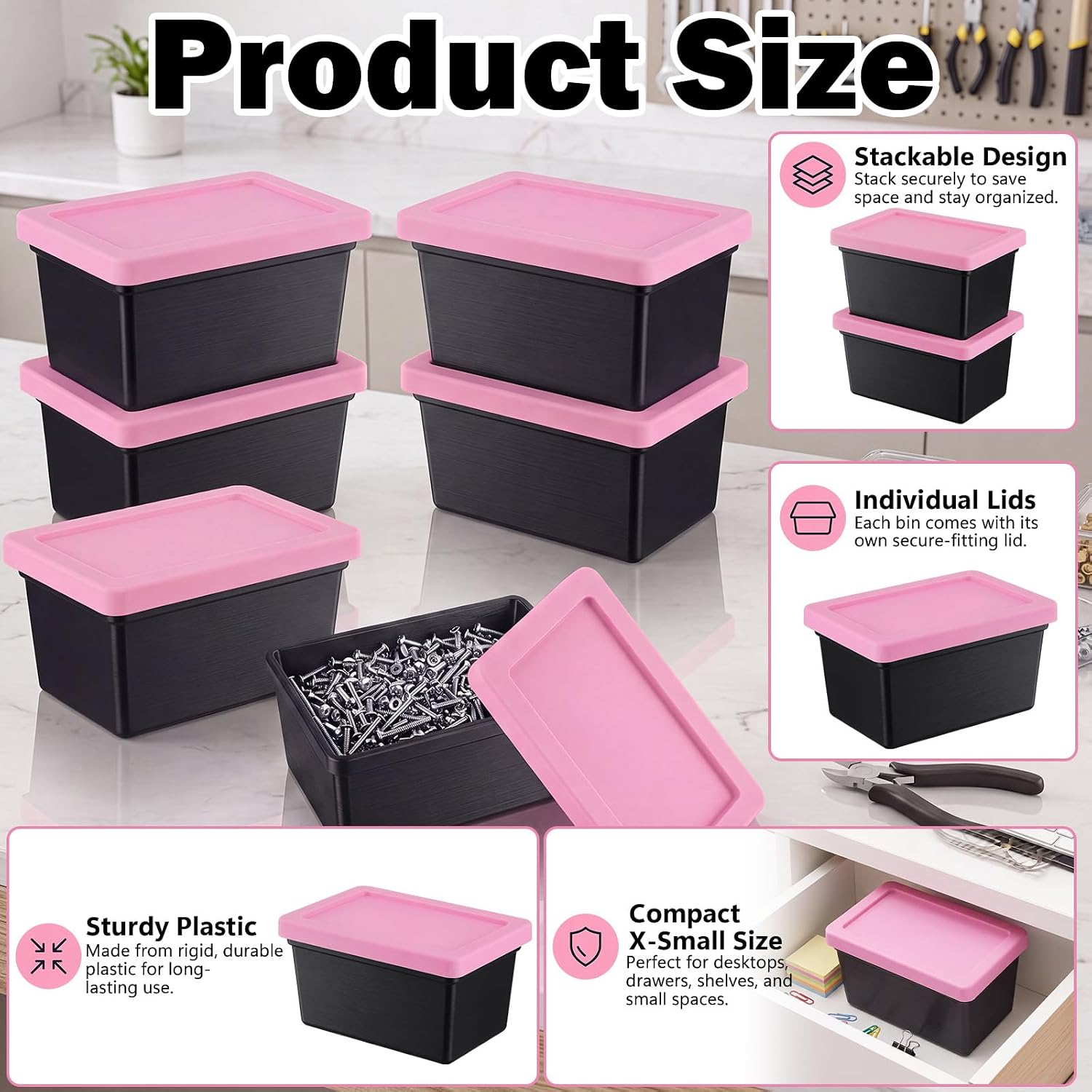 6 Pcs Mini Tote Box Stackable Storage Tote Bins with Lids, Black,Pink