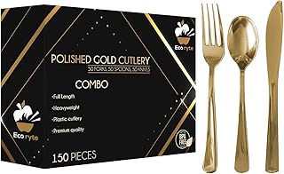 150pcs Premium Heavy-Duty Gold Plastic Silverware| Gold Cutlery Set Includes 50 Forks, 50 Knives and 50 Spoons | Gold Silverware Disposable & Reusable| Gold Flatware BPA Free