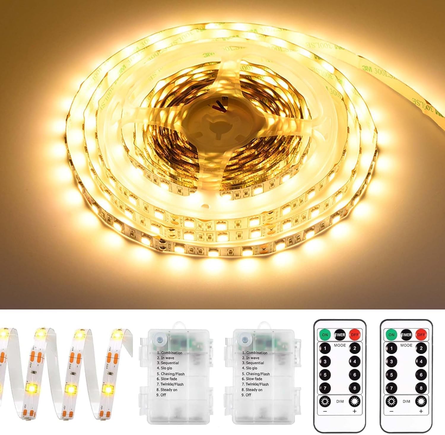 Pack of 2 Battery Operated LED Strip 1m, 8 Modes with Self-Adhesive, Remote Control, Cuttable