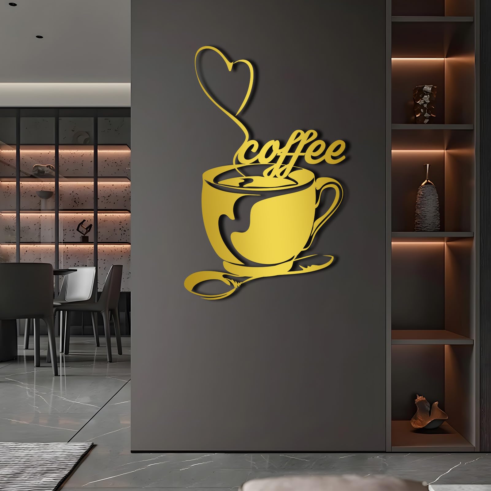 Schwarze Kaffeetasse aus Metall als Wanddekoration, Herzförmiger Löffel aus Metall als Wanddeko für Cafés, Moderne Kaffeeskulptur für Wohnzimmer, Schlafzimmer, Flur, Heimdekoration (Gold 30"