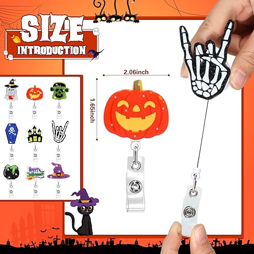 Miniatura 3 de 9 piezas de portarretes de insignia de Halloween con purpurina divertida para Halloween, fantasma, calabaza, insignias, retráctiles, lindos carretes