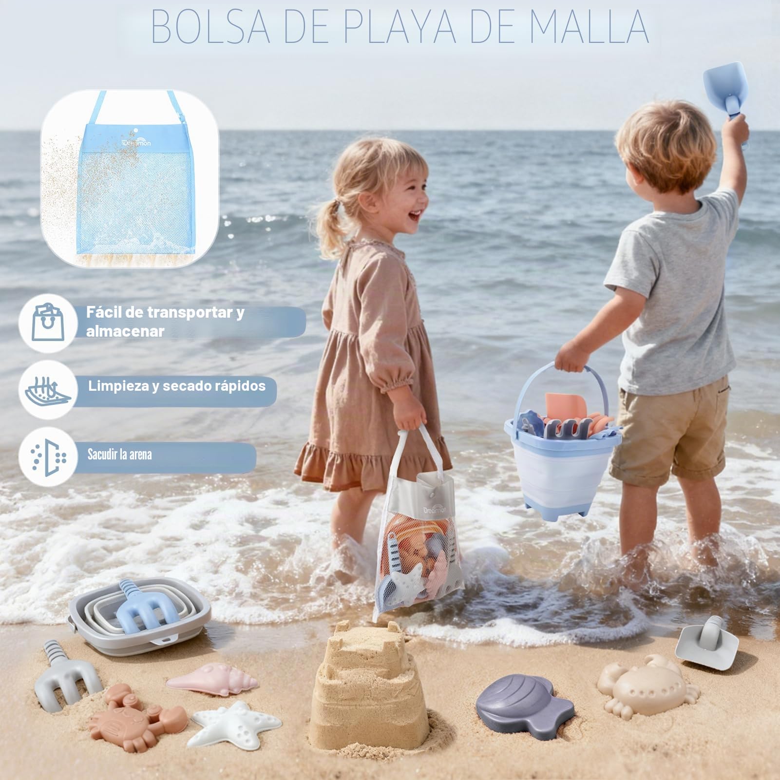 Dreamon Juguetes de Playa para Niños Bebe, 18 Piezas Juguetes de Arena con Cubo Playa Plegable Palas Rastrillo Moldes de Arena, Juguete Playa para Niños Niñas 3 4 5 (Azul, Naranja, Gris)