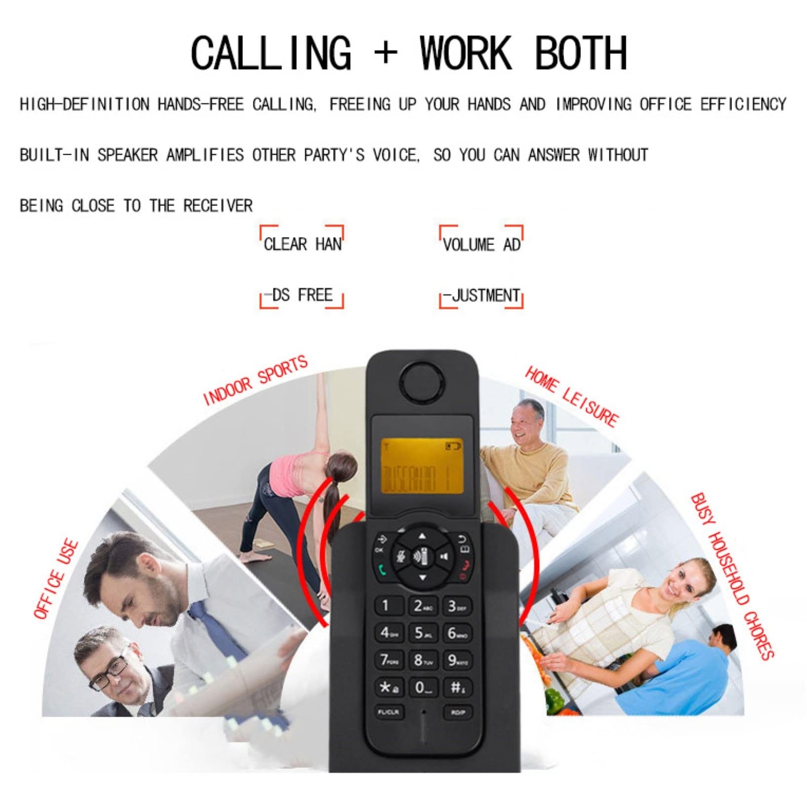 Telefono Cordless Compatto LCD E Tastiera HS Illuminata, Segreteria Telefonica in più Lingue di Visualizzazione per Uso Domestico E D'ufficio