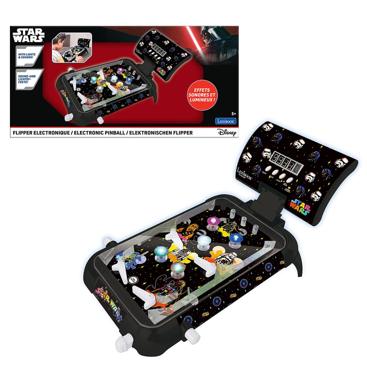 Lexibook, Star Wars, Elektroniczny Pinball Stołowy, Cyfrowy Wynik z Ekranem LED, Efekty Dźwiękowe i Świetlne, 4 Flippery, Design Star Wars, Czarny, JG610SW