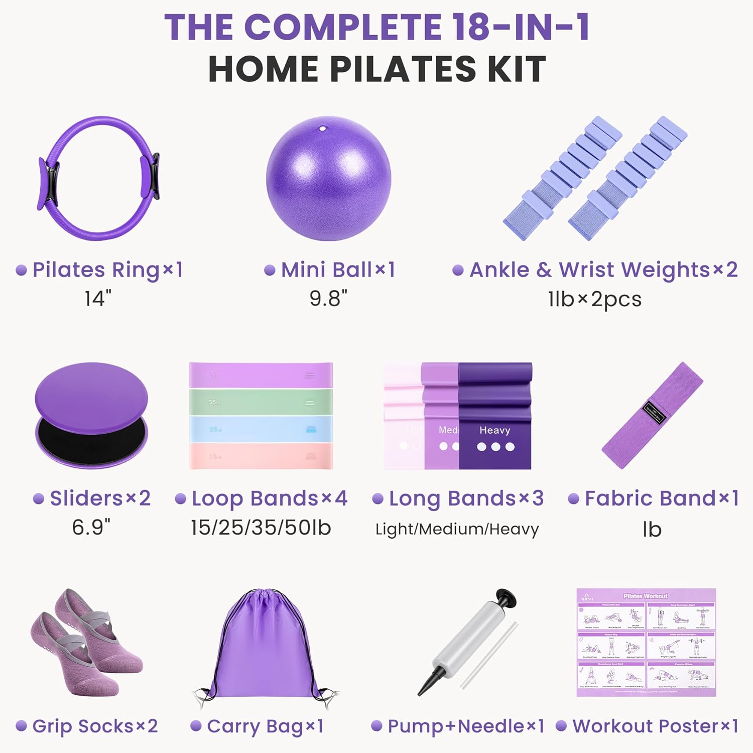 Home Pilates Kit for Women, 18 Piece Pilates Set with Silicone Ankle & Wrist Weights, Ring, Ball, 8 Resistance Bands, Sliders, Grip Socks & Workout Guide