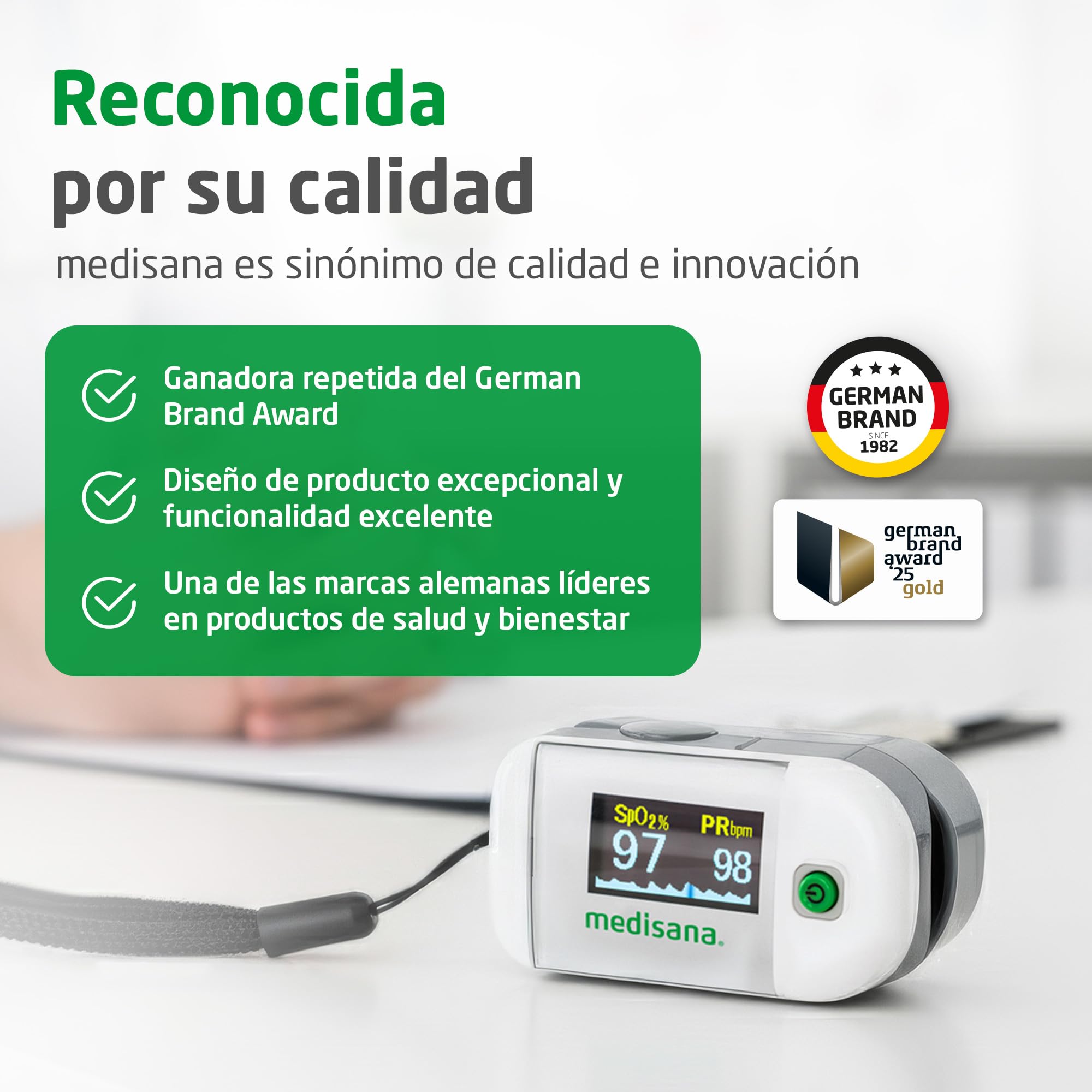 medisana PM 100, oxímetro de pulso, medición de la saturación de oxígeno en la sangre, oxímetro de pulso para el dedo con pantalla OLED y funcionamiento de un solo toque, 53 gr