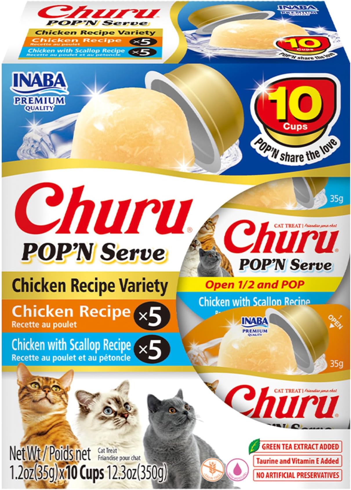 Churu Pop'N Serve Jelly Cat Treat with Vitamin E & Taurine, 1.2 Ounce Cup, 10 Cups, Chicken Variety