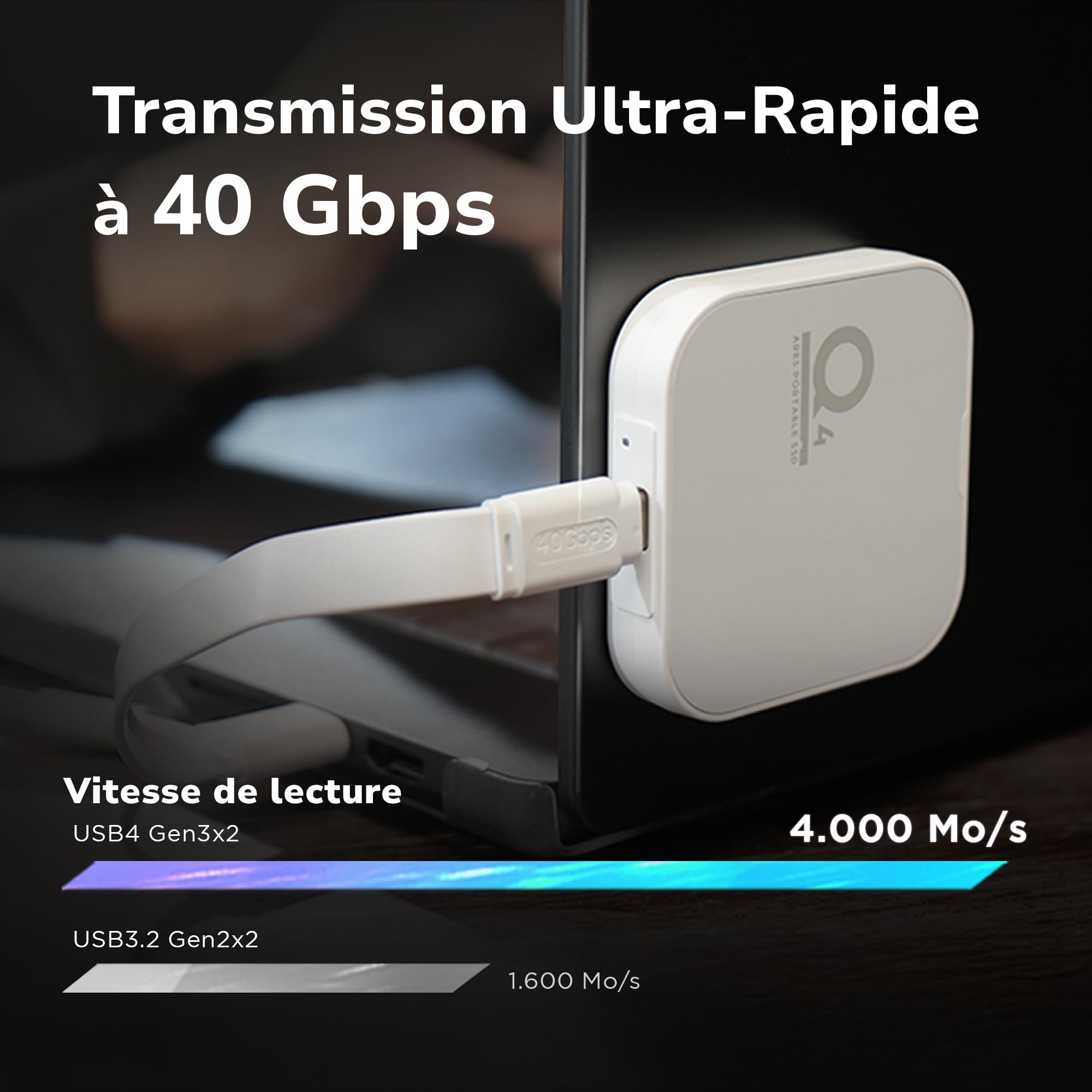DATO SSD Externe Magnétique 2 to, USB 4.0 Gen 3x2 Jusqu’à 4000/3600 Mo/s, Type C 4K ProRes HDR, Compatible avec iPhone 15 & 16 Pro Max - ARES Q4 Série