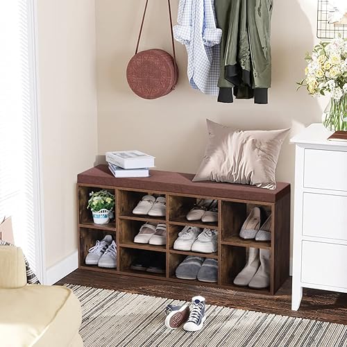 Miniatura 3 de MFSTUDIO Banco de almacenamiento de zapatos, banco de entrada de zapatos con cojín de asiento y estantes ajustables, organizador independiente para