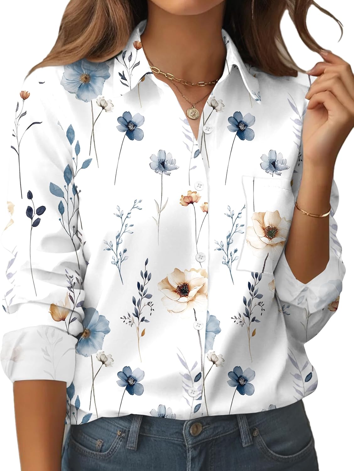 Zeagoo Womens Button Down Shirt Long Sleeve Blouse Business Work Tops Dressy Casual Floral Printed Outfits with Pocket