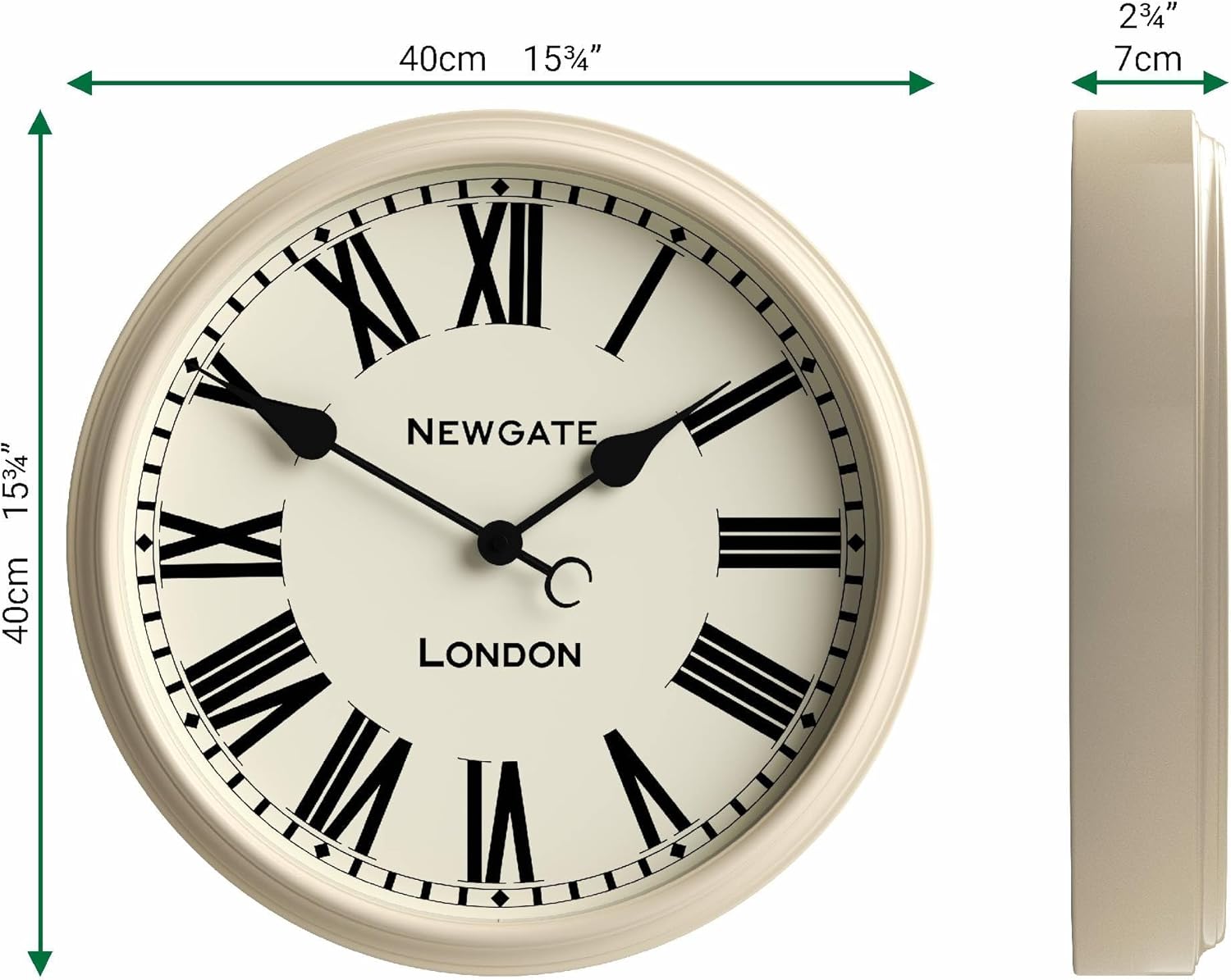 NEWGATE® Spitalfields Wall Clock | Large Classic Metal Clock | 16 inch | Gloss Cream | Roman Numerals | Traditional Design Ideal for Kitchen or Living Room