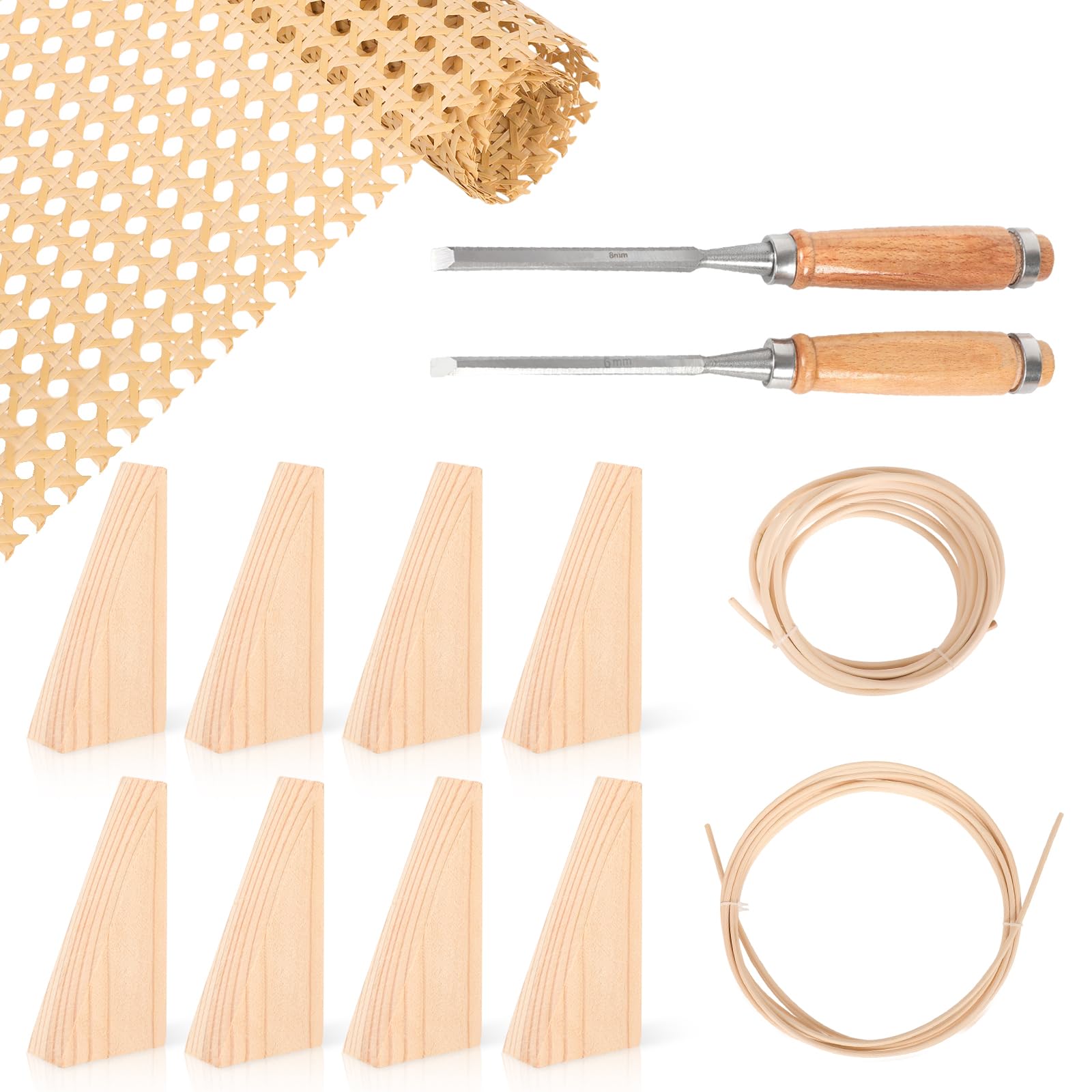 Wiener Geflecht Set, 100x40cm Rattan Geflecht mit 2 Rolle 3M Lang Peddigrohr, 8 Holzkeilen und 2 Holzflachmeißel für DIY Möbel Dekoration, Gurtband Handgemachtes, Stuhlflechtrohr Flechtrohrgewebe