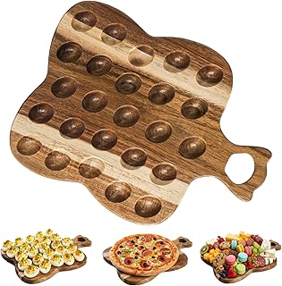 Acacia Wood Deviled Egg Platter, 25 Holes Wooden Deviled Egg Tray Holder with Handle, 15" L x 12" W Reversible Charcuterie Board, Cheese Serving Tray for Easter, Thanksgiving, Countertop
