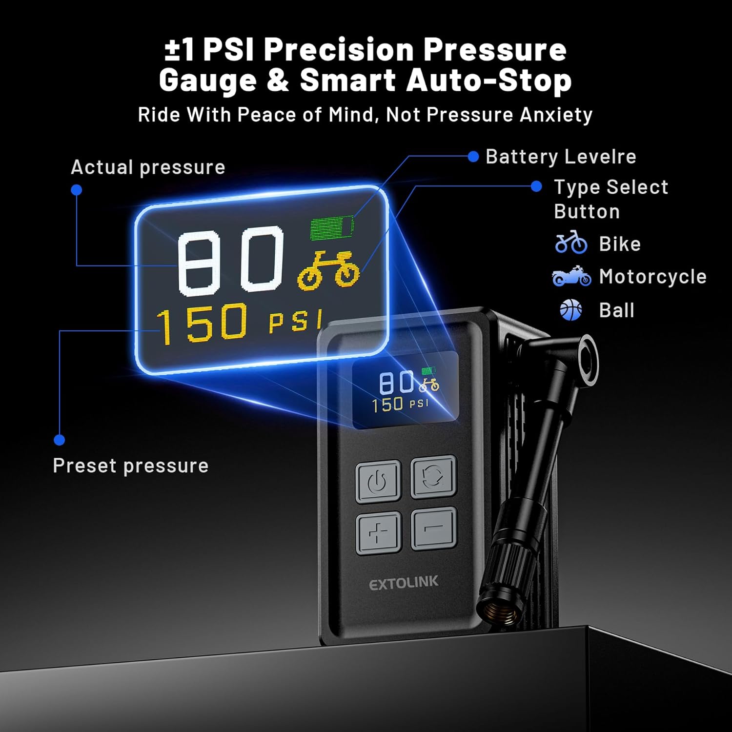 Mini Bike Tire Pump - 20s Fast Inflate Electric Bike Pump with Gauge, Max 150PSI Electric Air Pump with Presta & Schrader Valve for Road Bike, Mountain Bike, Electric Bike