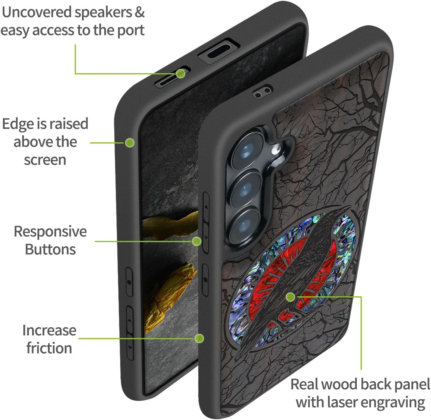Carveit Magnetic Wooden Case for Samsung Galaxy S25 Case, Wood Artisan Engraved & Handmade Shell Inlaid, Compatible with MagSafe Wireless Chargers (The Haloed Crow) Blackwood