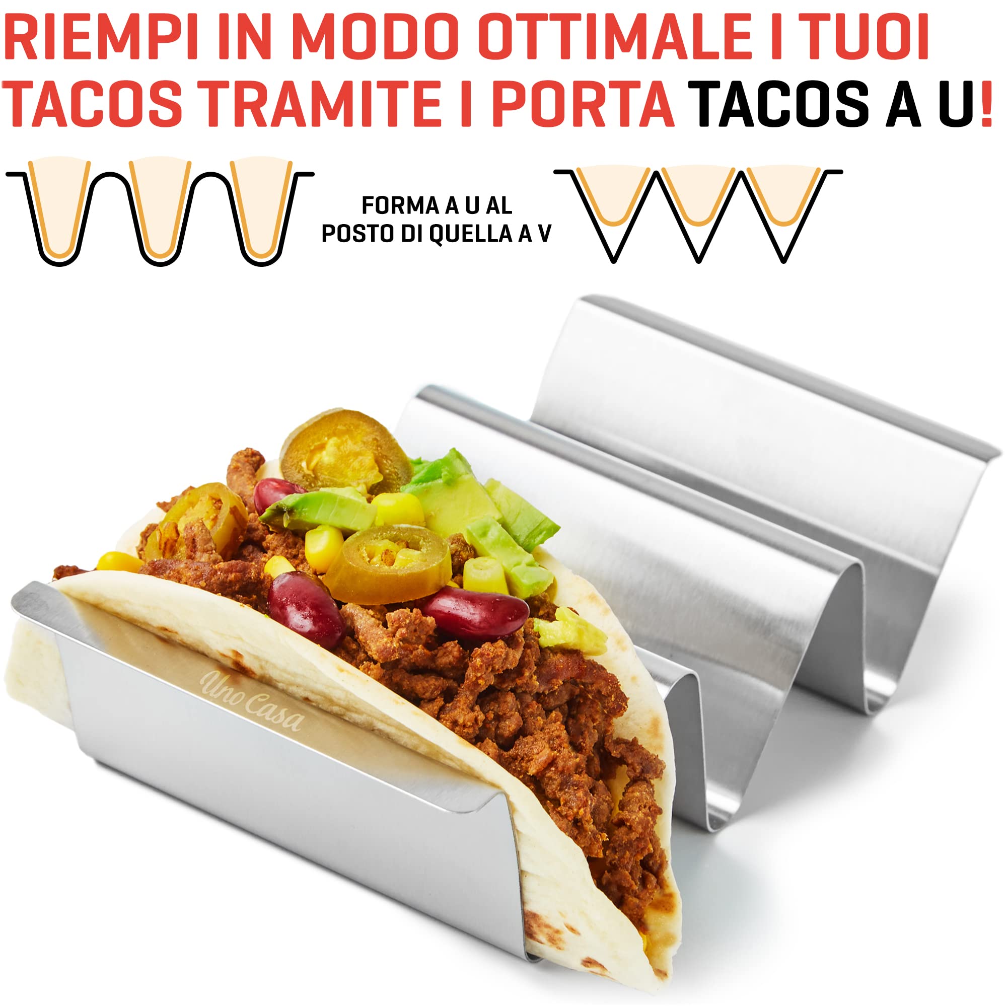 Uno Casa, set di porta tacos da 6 pezzi, porta tacos in metallo, supporto per tacos durevole per il Taco Tuesday o utilizzabile come stampino per realizzare i gusci dei tacos, Ebook con ricette
