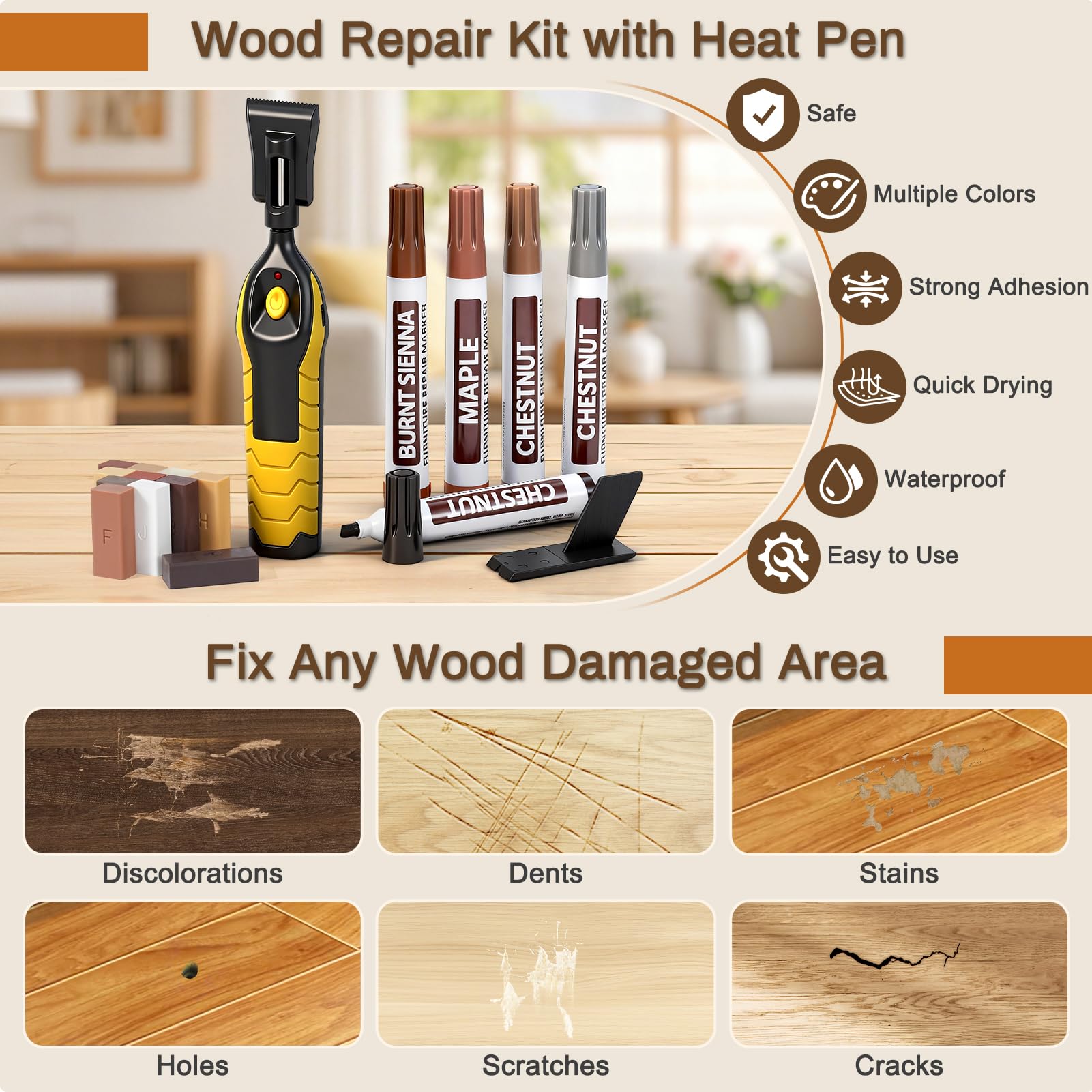 Kit De Réparation Pour Stratifié, Kit Réparation Carrelage Avec Fondoir De Cire, 11 Blocs De Cire 5 Marqueurs Kit Réparation Parquet Pour Meubles, Sols En Bois Répare Les Rayures, Les Trous