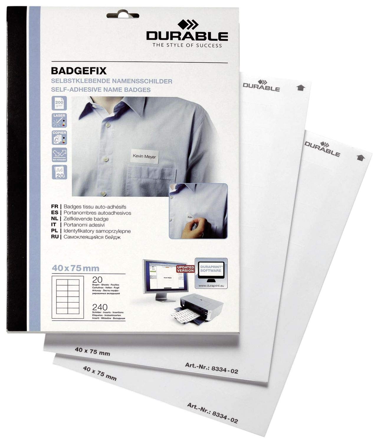 Durable Selbstklebe-Namensschild BADGEFIX, Acetatseide, weiß, 75 x 40 mm, 240 Schilder; Packungsinhalt: 240 Stück