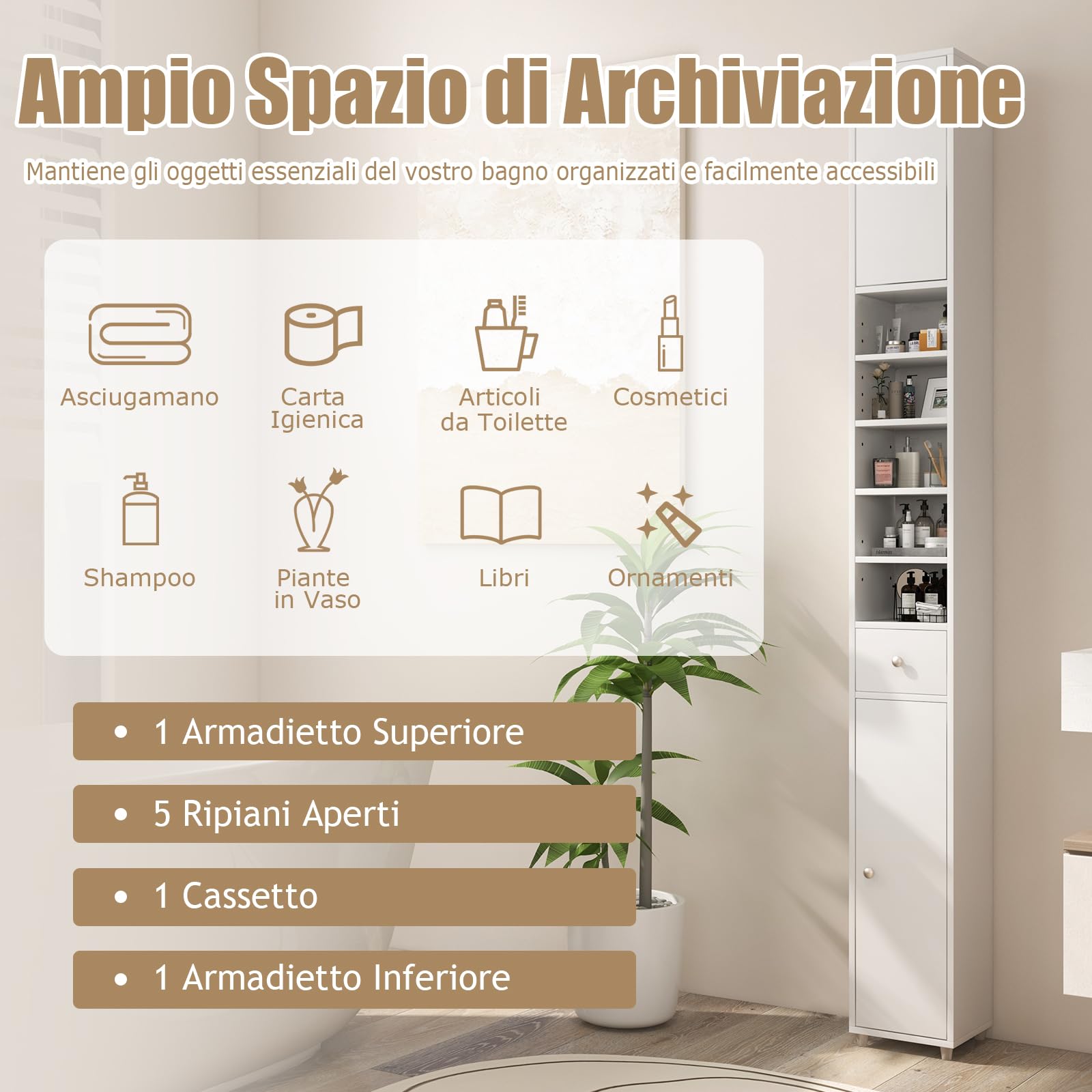 GYMAX Mobile da Bagno Stretto, Armadio Alto Portaoggetti, con 2 Ante, 1 Cassetto, 5 Ripiani Regolabili, Dispositivo Antiribaltamento, Colonna WC per Piccoli Spazi, 20x20x180 cm (Bianco)