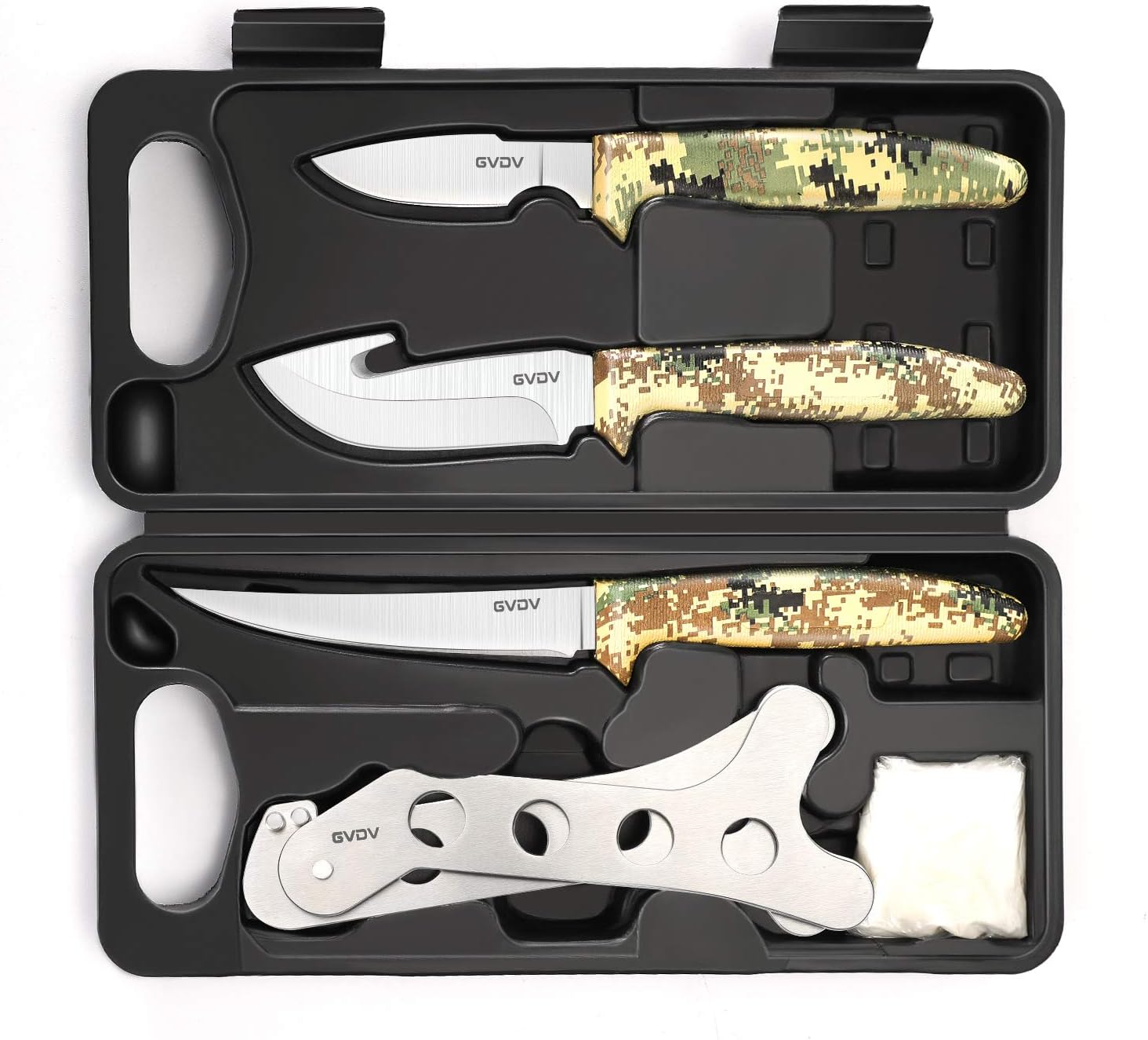 GVDV Hunting Knife Set - Deer Field Dressing Kit, Game Processor Set With Gut Hook Skinner, Spreader, Gloves - 6 Piece Butcher Gear for Men
