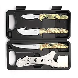 GVDV Hunting Knife Set - Deer Field Dressing Kit, Game Processor Set With Gut Hook Skinner, Spreader, Gloves - 6 Piece Butcher Gear for Men