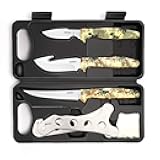 GVDV Hunting Knife Set - Deer Field Dressing Kit, Game Processor Set With Gut Hook Skinner, Spreader, Gloves - 6 Piece Butcher Gear for Men