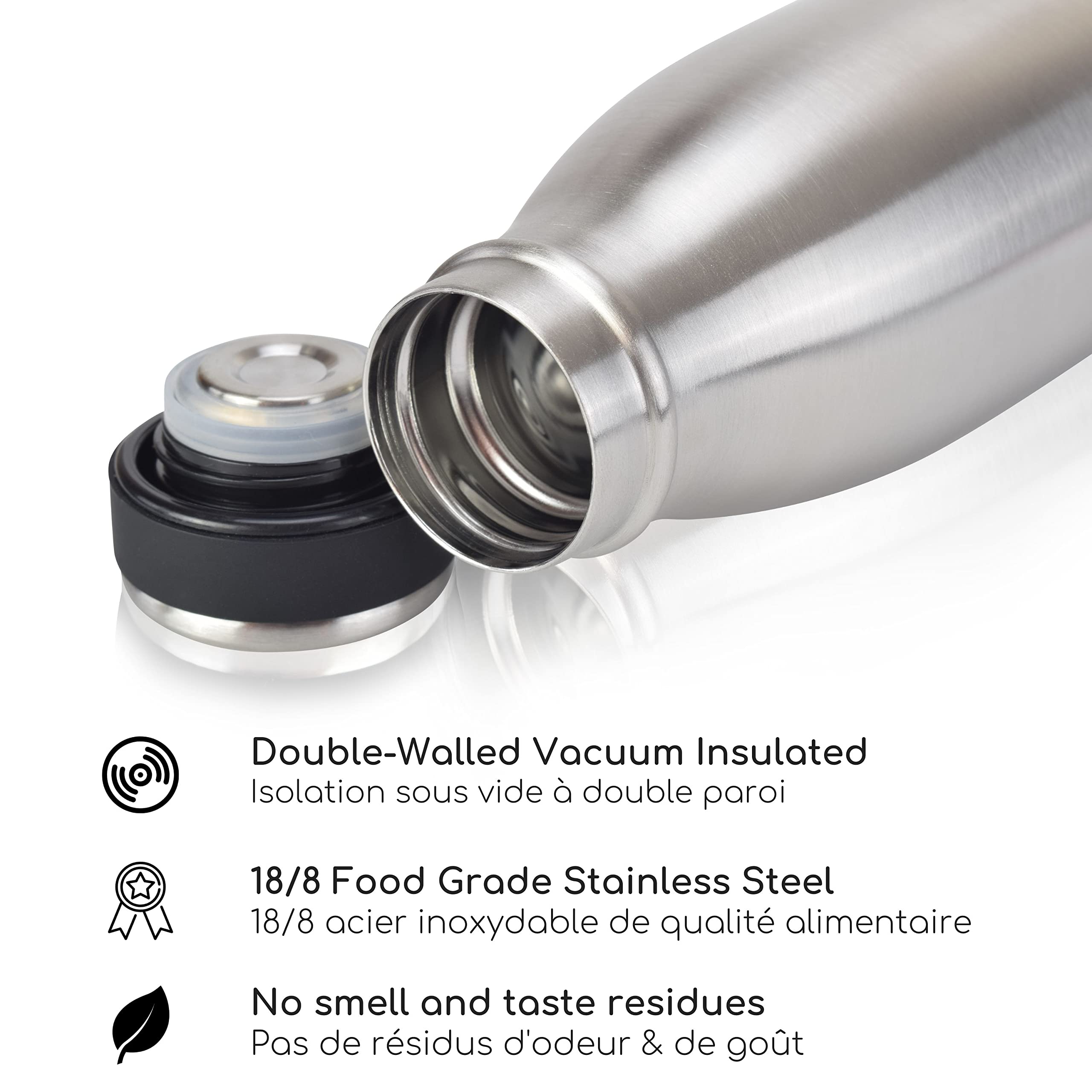 Milu Gourde en acier inoxydable 350 ml 500 ml, 750 ml, 1000 ml, 1,5 l – Bouteille isotherme, bouteille d'eau isolée, double paroi anti-fuite, convient aux acides carboniques (Acier inoxydable, 1500ml) - 5