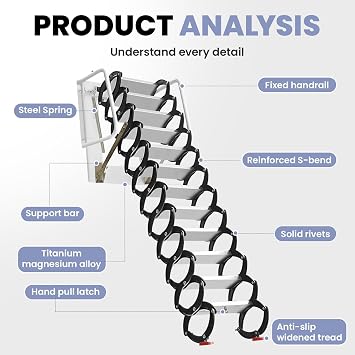 Folding Attic Stairs - 12-Step Pull Down Attic Ladder - Aluminum-Magnesium Alloy Attic Access System with Non-Slip Treads (11.15FT/3.4m)