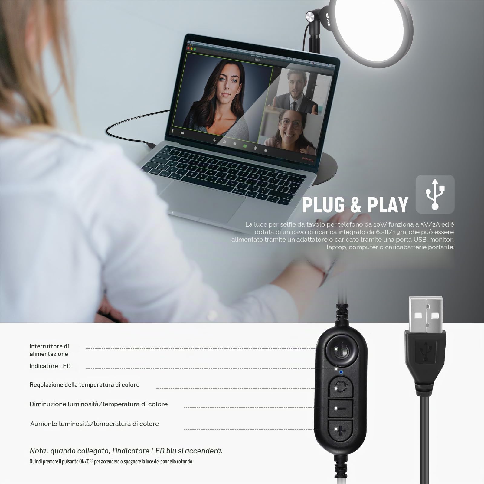 NEEWER BASICS 7” Ring Light da Scrivania (2pz) per Riprese Video, 10W Key Light a Schermo Intero Dimmerabile con Supporti e Portatelefono per iPhone Computer Laptop Vlog Streaming Videoconferenza, R06
