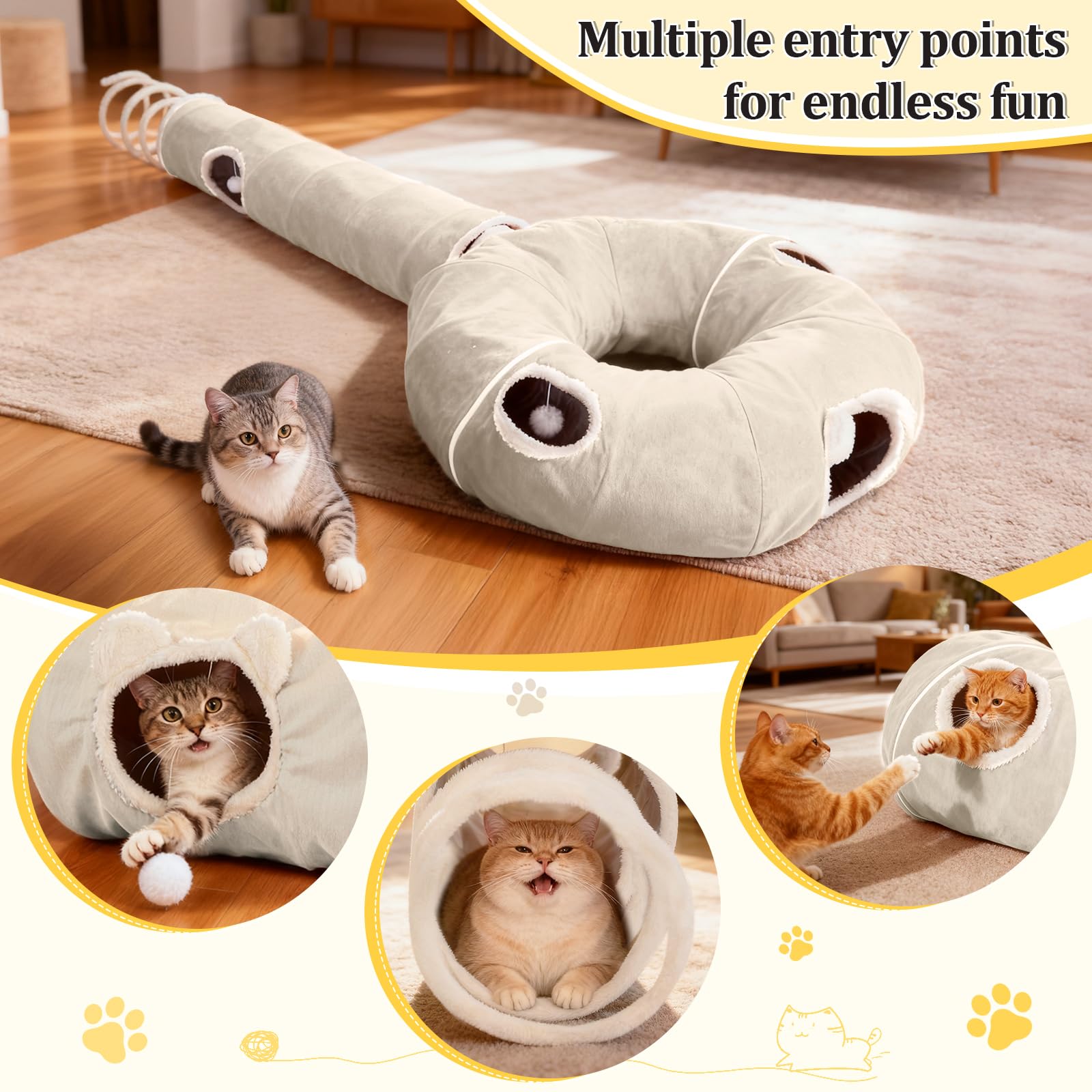 Ownpets Faltbarer Katzentunnel mit Federschwanz, dreiteilige Spielröhre für Haustiere, Vier Konfigurationsoptionen, geeignet für Katzen, Kaninchen und Frettchen, Durchmesser 30 cm