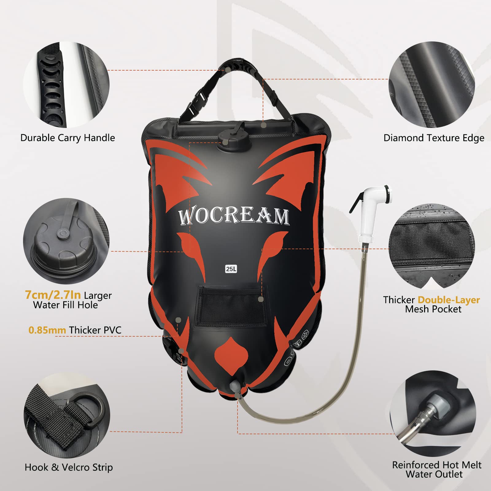 CyConncet Wolf-Head Campeggio Doccia Esterna, 6,6 Gallon/25L Borsa Doccia da Campeggio, Grande Flusso D'Acqua, Doccetta Solare Doccia in PVC Borsa Doccia Portatile per Campeggio Spiaggia Zaino Viaggio