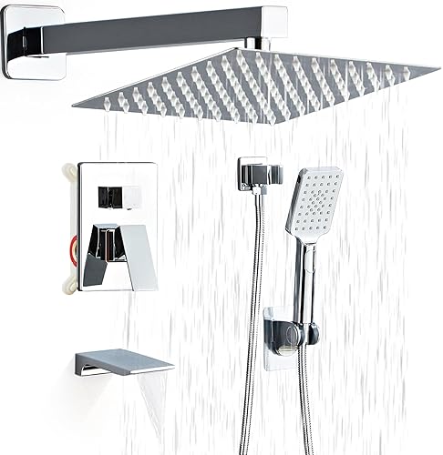 Juego completo de grifo de ducha cromado con cabezal de ducha cuadrado de 8 pulgadas, 3 funciones, ducha de mano, cascada, boquilla de ducha,